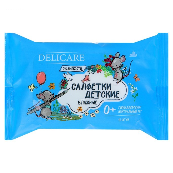 Влажные салфетки детские Delicare Мышата, 15 шт