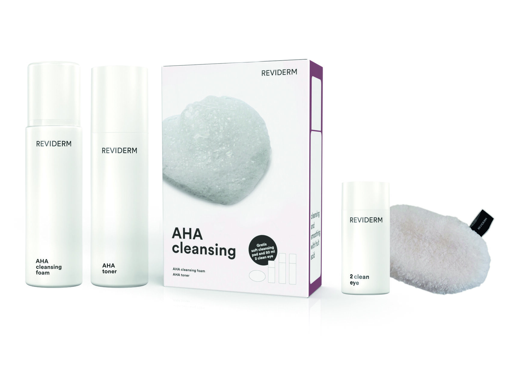 ОЧИЩЕНИЕ С AHA КИСЛОТАМИ: Очищающая пенка с АНА кислотами / АНА Cleansing Foam + Очищающий тоник с АНА кислотами / АНА toner + миниатюра 2-фазный лосьон для снятия макияжа с глаз / 2 clean eye + спонж для очищения